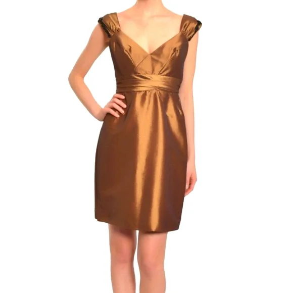 Badgley Mischka Cocktail Dress Metallic Bronze Crepe Rhinestone Evening Size 8 … - Picture 2 of 11